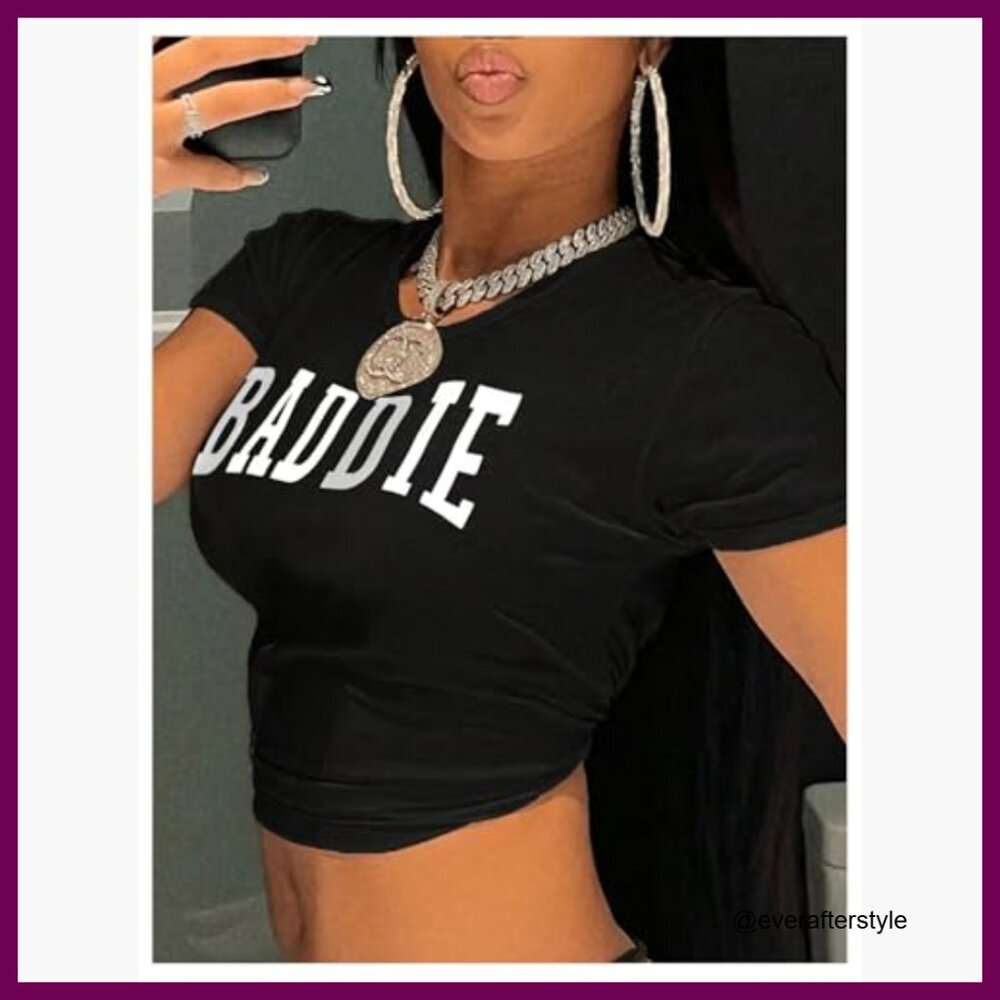 Polyester Elastane Stretch Letter Print Crew Neck… - image 2